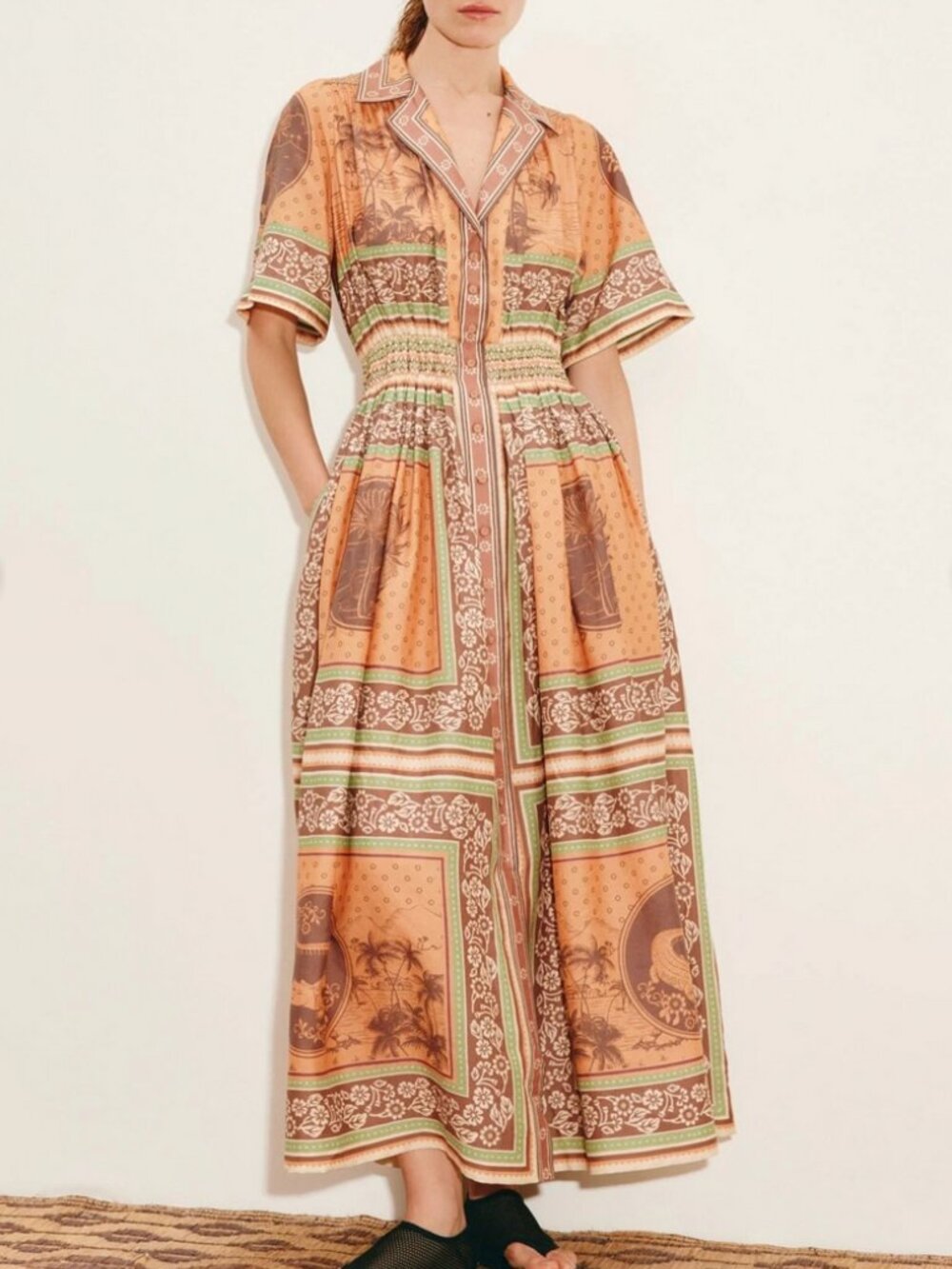 Alémais Alberta Smocked Midi Shirt Dress Silk Cotton Blend Vacation